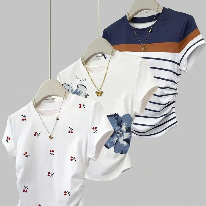 3 Piece Mixed Women's Summer Casual Printed Cute Pleated Short Slim Short-sleeved Round-neck T-shirt, Printed T-shirt, Fashionable Versatile Daily Wear, Crew Neck Print