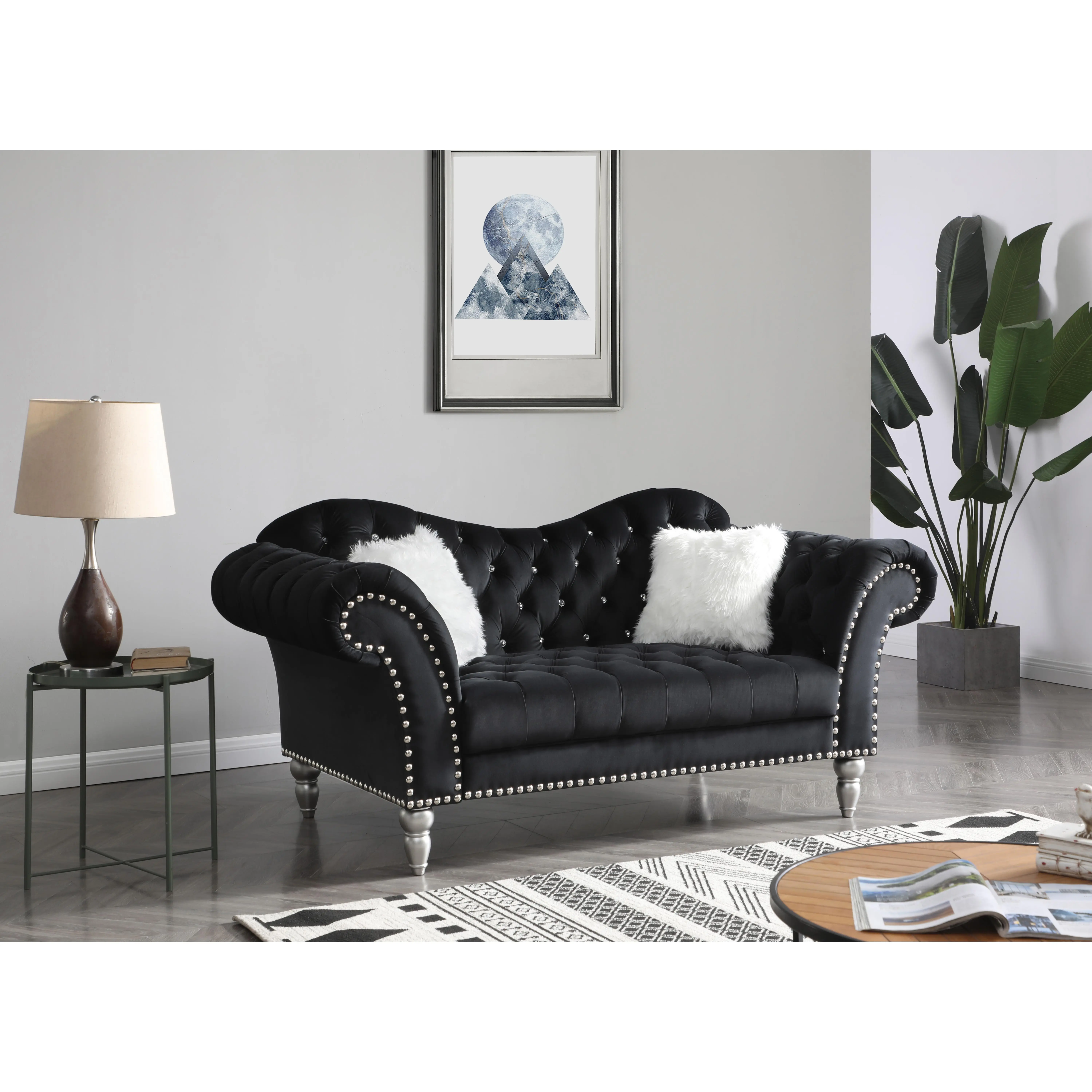 Nokaa Elegant Round-Arm Loveseat Black Velvet Compact 2-Seater Couch for Living Room, Apartment, Small Space - Traditional Style, Easy Assembly