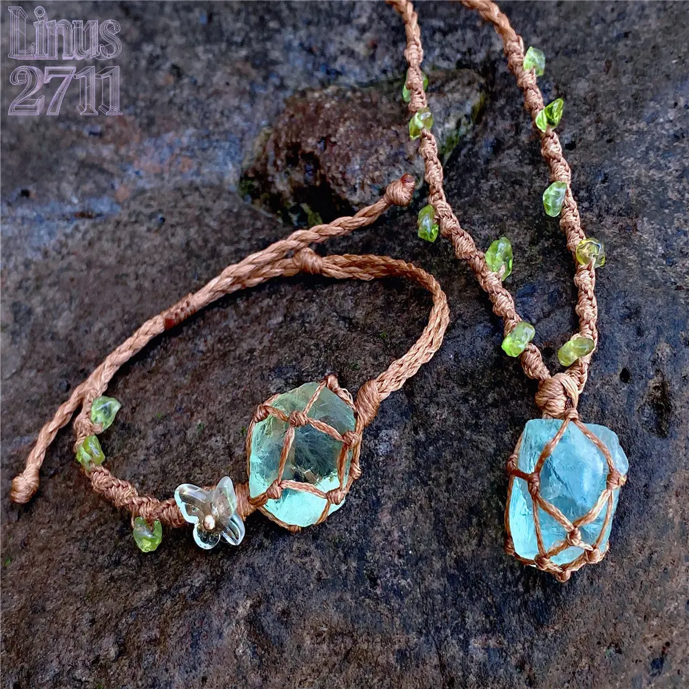 Hand Woven Macrame Raw Fluorite Crystal Necklace & Bracelet Set Natural Rough Stone Net Pocket Wrap Bracelet Forest Vines Bohemian Boho Jewelry Adjustable Cord Healing Crystal Accessory for Women Nature Lover Gift