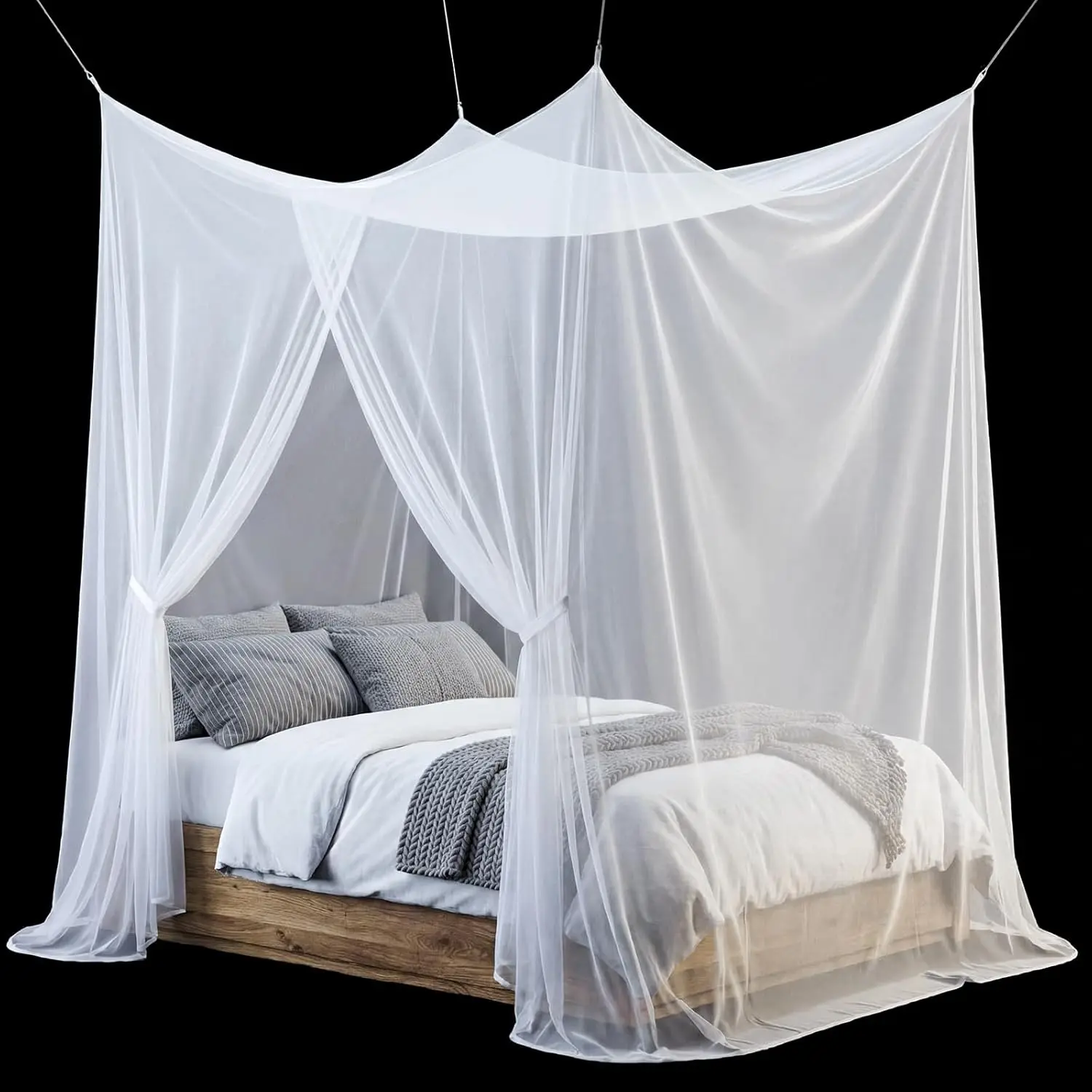 Bed Net Drapes with Hook Nylon Rope for Single Twin Full Queen King Size Bed Camping Travel(White,King)