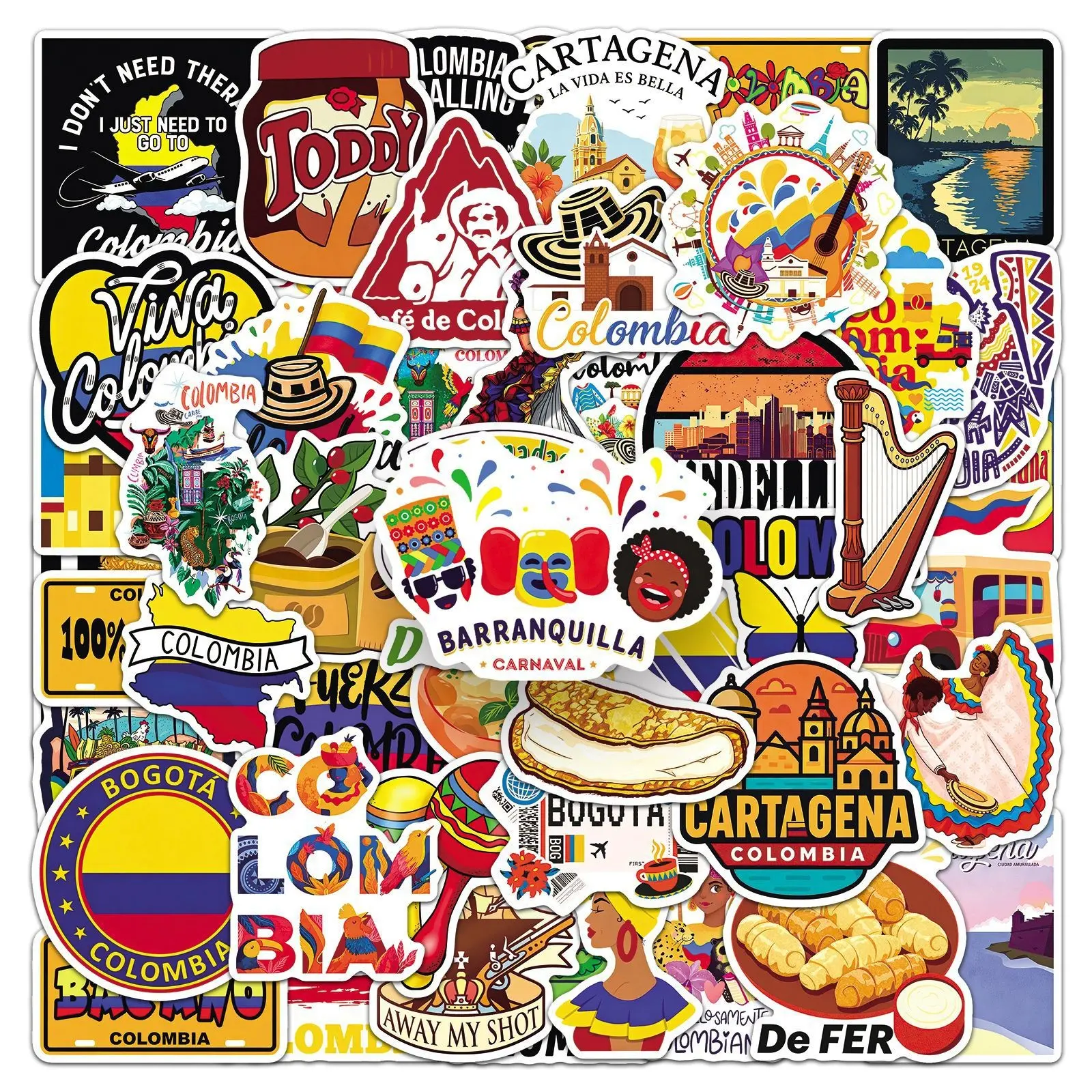 50Pcs Colombia Travel Stickers, Waterproof Cartoon Design, Ideal for Travel & Journaling, Cultural Decorative Stickers, Perfect for Outdoor Adventures