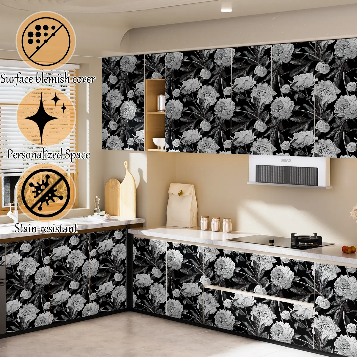 Black White Monochrome Floral Peel and Stick Wallpaper Minimal Vintage Flower Wall Decor