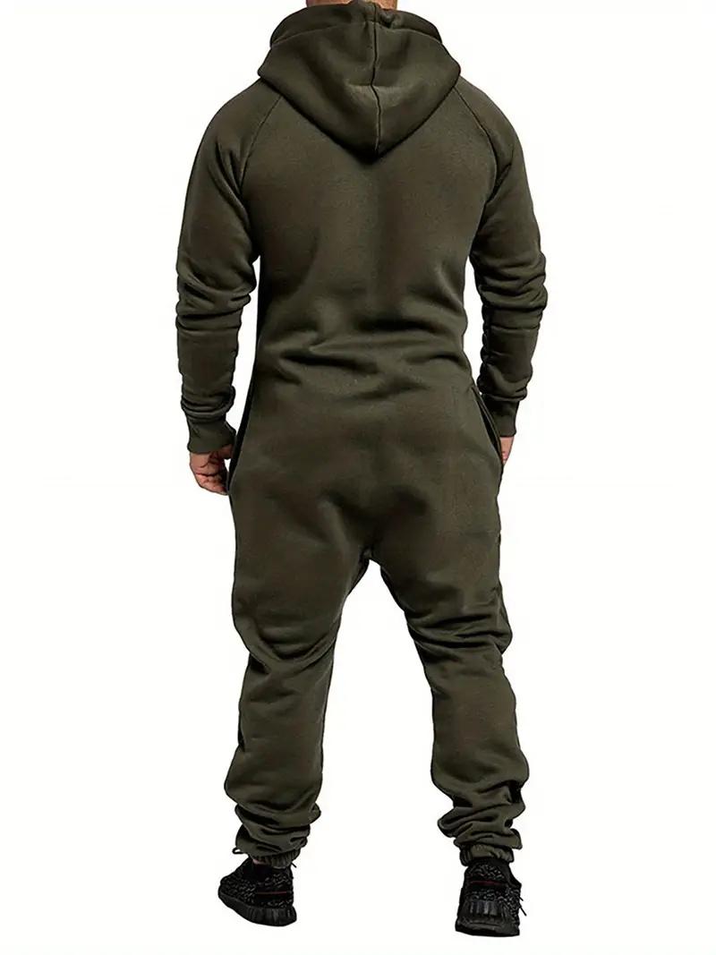 Men's hooded fleece lined jumpsuit, long sleeved full zip jumpsuit with kangaroo bag Army Green Overalls