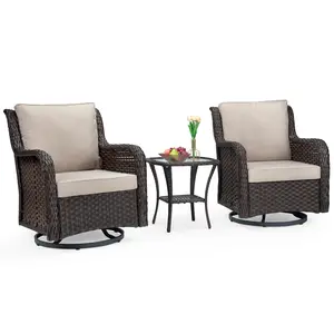 3-Piece Wicker Swivel Glider Patio Furniture Set, 360° Swivel & Slide, Iron Frame, PP Wicker, for Backyard, Porch