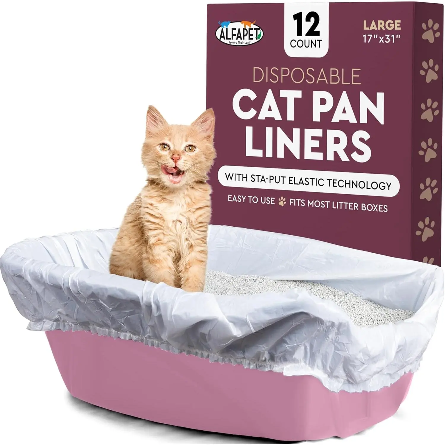 Alfapet Cat Litter Box Liners Large 12 Count - Tear-Resistant Cat Litter Bags - Waterproof Kitty Litter Liners - Fits Litterbox Pan Sizes Medium and Large, 31" x 17", 20 lb Capacity