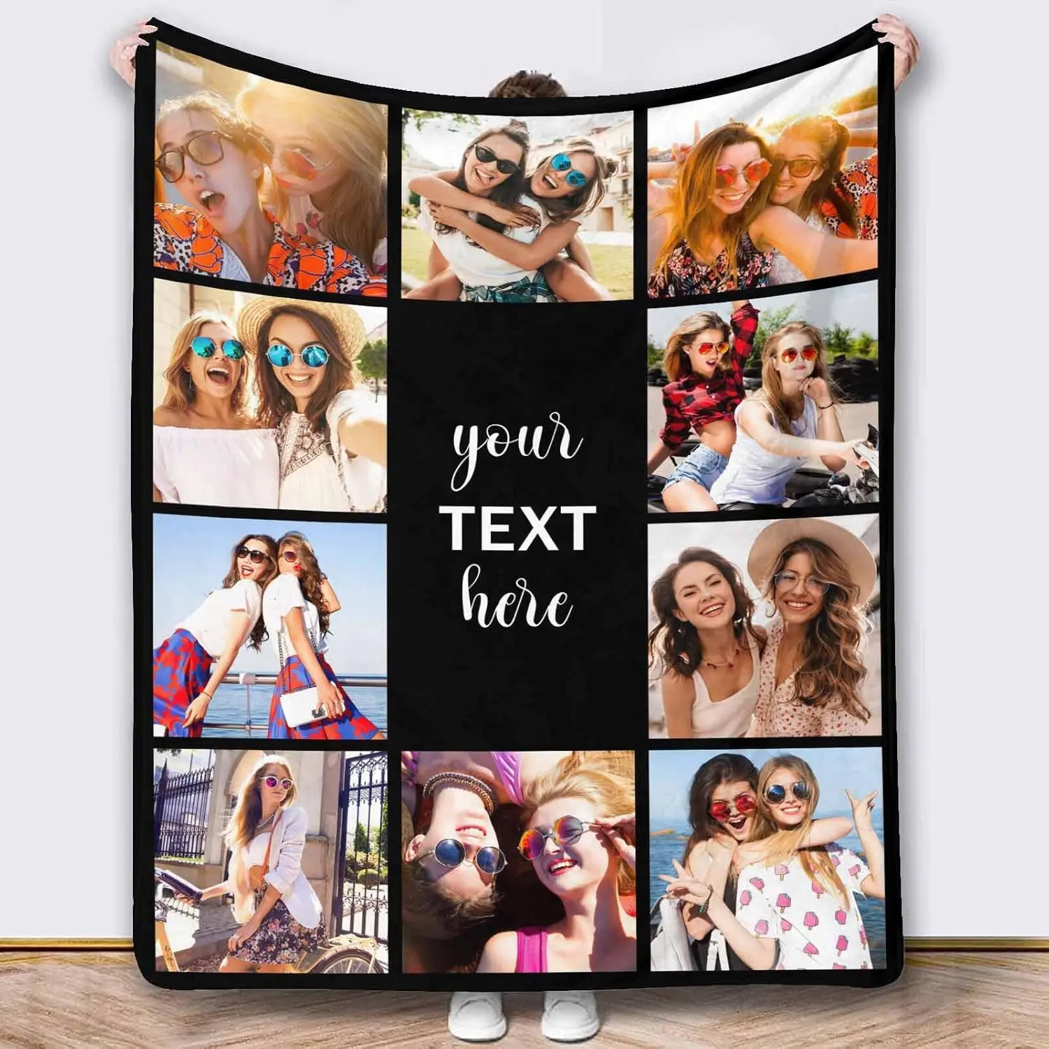 Bestie Throw Blanket, 1 Piece Soft Warm Flannel Custom 9 Picture Blanket, Your Text Here Center Script Design, Lightweight Portable Travel Blanket for Car Couch Dorm, Personalized Sentimental Gift for Her, Keepsake Decor