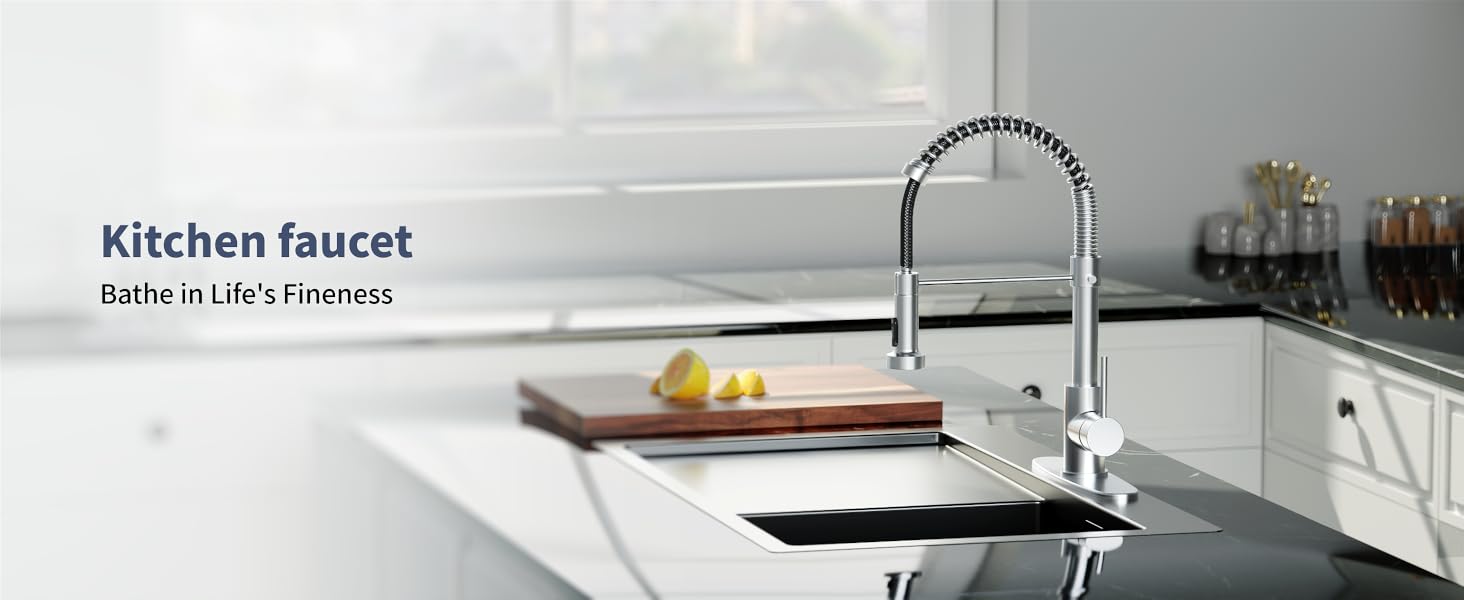 Brushed Nickel Kitchen Faucet with Pull Down Sprayer, Stainless Steel Spring Commercial Kitchen Sink Faucet with 10-Inch Deck,1 or 3 Hole Installation for Farmhouse, RV Camper, Laundry & Utility Sink