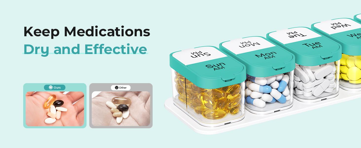 Extra Large Weekly Pill Organizer 2 Times Day, Pill Box 7 Day Am Pm to Hold Daily Medicine Vitamin and Supplements - Cyan