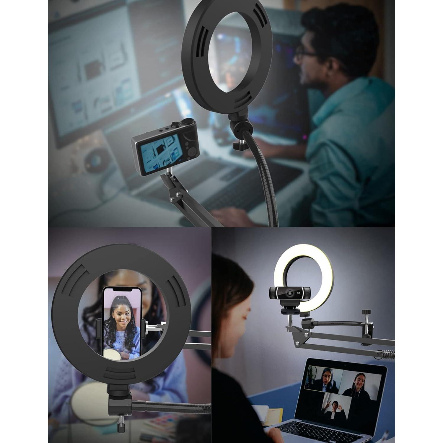 Overhead Camera Mount with Ring Light, Flexible Articulating Phone Arm Stand Compatible with ,  Webcam, Desk Tripod for YouTube Live Stream Cooking  Video Recording