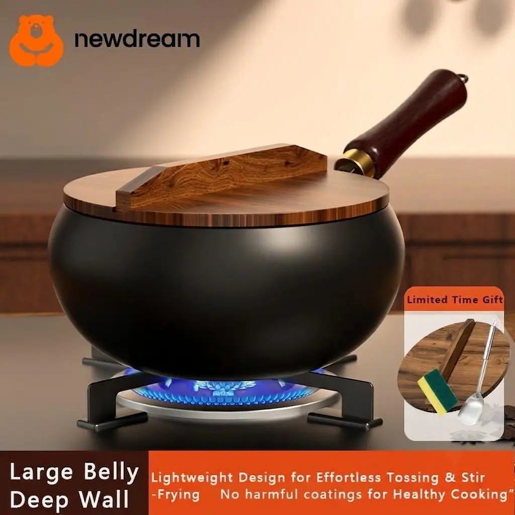 4-Piece Set Hand-Forged Wooden Lid Deep Fry Pans, Non-Toxic Pfas-Free Spatter-Proof Cookware, Oven & Induction Compatible