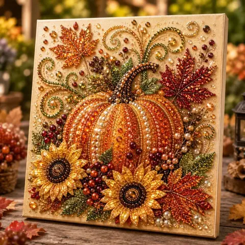 DIY Pumpkin Faux Pearl Diamond Painting Kit, Framed Diamond Art Set, Desktop Decor, Beginner-Friendly Creative Craft Supplies, DIY Kits