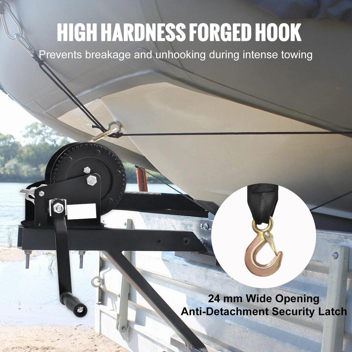 Hand Winch1600 lbs Pulling Capacity, Boat Trailer Winch Heavy Duty Rope Crank with 33 ft Polyester Strap and Two-Way Ratchet, Manual Operated Hand Crank Winch for Trailer, Boat or ATV Towing