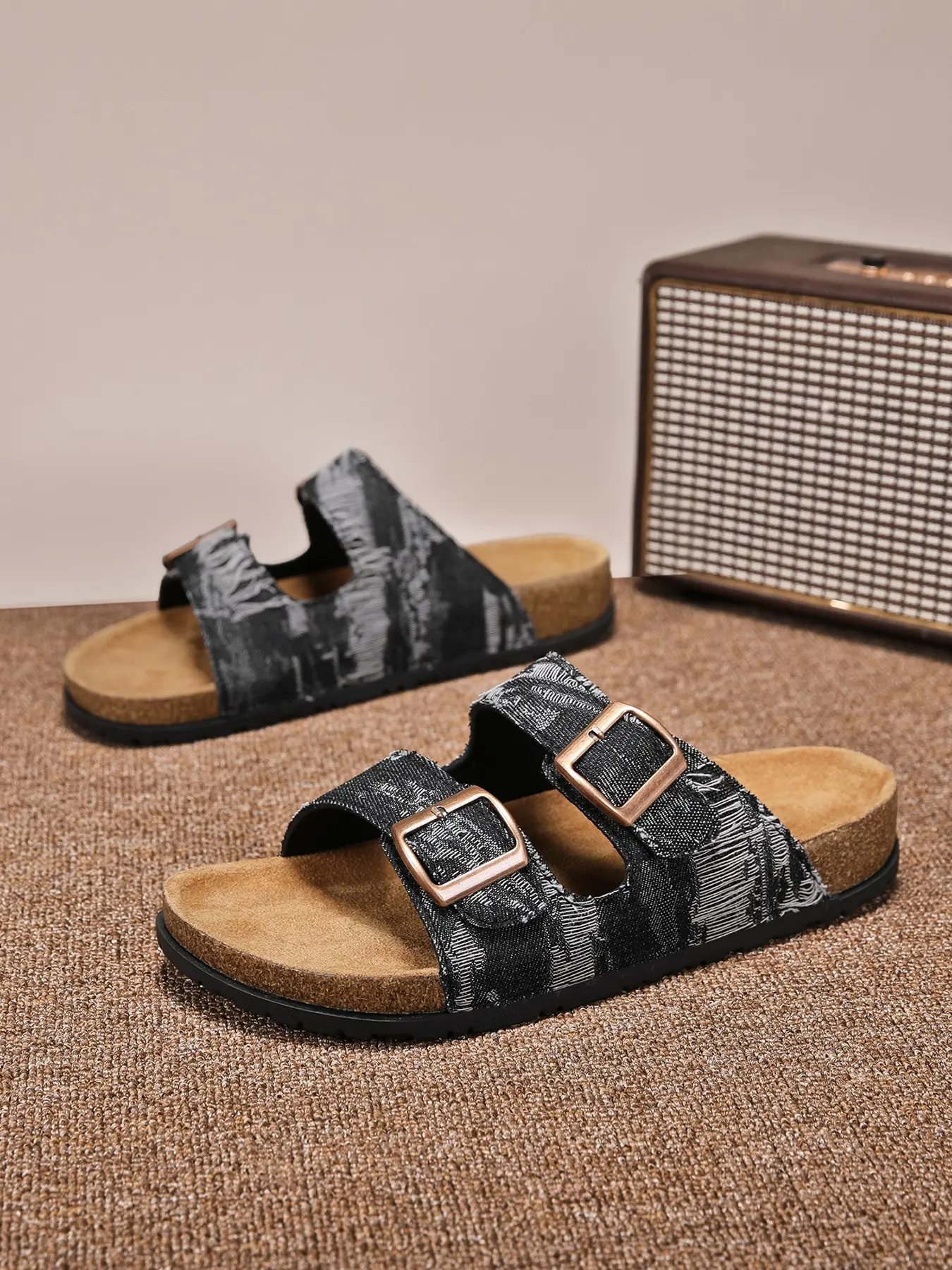 Vintage Style Cork Slippers, Adjustable Buckles, Soft Eva Sole, Breathable Fabric, Ideal for All Seasons, Boho Fashion