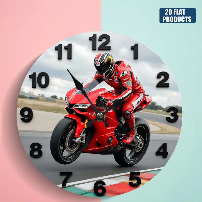 2D Flat Sports Wall Clock - Racing Style - Red Motorcycle Racing Theme Wall Clock, 8inch Silent Creative Acrylic Wall Clock, No Ticking Sound, Suitable for Home Decoration, Holiday Gifts, Decoration, Gifts, One of the Best Gifts for Independence Day, Suit