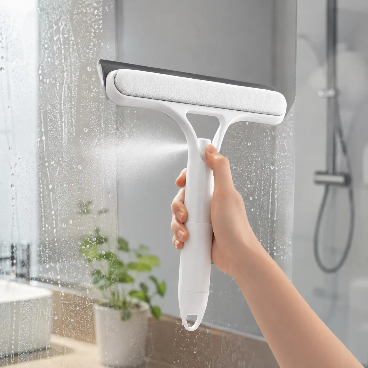 3-in-1 Plastic Compact Handheld Spray Window Squeegee - Functional Daily Glass Cleaning Tool with Scraper, Microfiber Cloth, Ergonomic Blue-White Design for Bathroom, Car Windshield Glass Surfaces