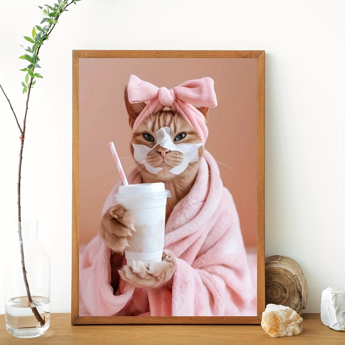 Funny Cat Spa Day Wall Art Set - 1pc Major Material: Other - Playful Cat with Milk Tea Face Mask Canvas Print, Unique Gift for Pet Lovers, Vet Clinic Decor, Humorous Bathroom Artwork, Creative Home Bedroom Kitchen Living Room Cafe Office Toilet Wall Decor