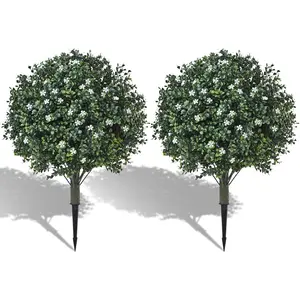 24" Artificial Boxwood Topiary Ball Bush with White Flowers, Set of 2 Fake Evergreen Trees with Spike, UV Resistant Artificial Plants for Indoor Outdoor Porch Planters