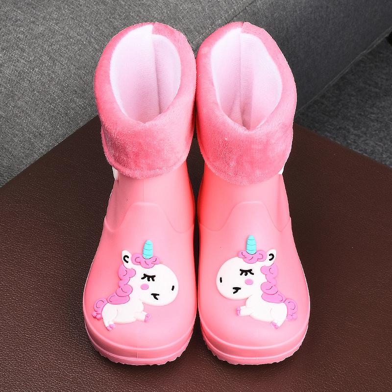 Children's Rain Boots Girls' Elastic Cuff Fleece-Lined Boys' Non-Slip Water Shoes Four Seasons Cartoon Cute Princess Rain Boots Kids' Rain Shoes