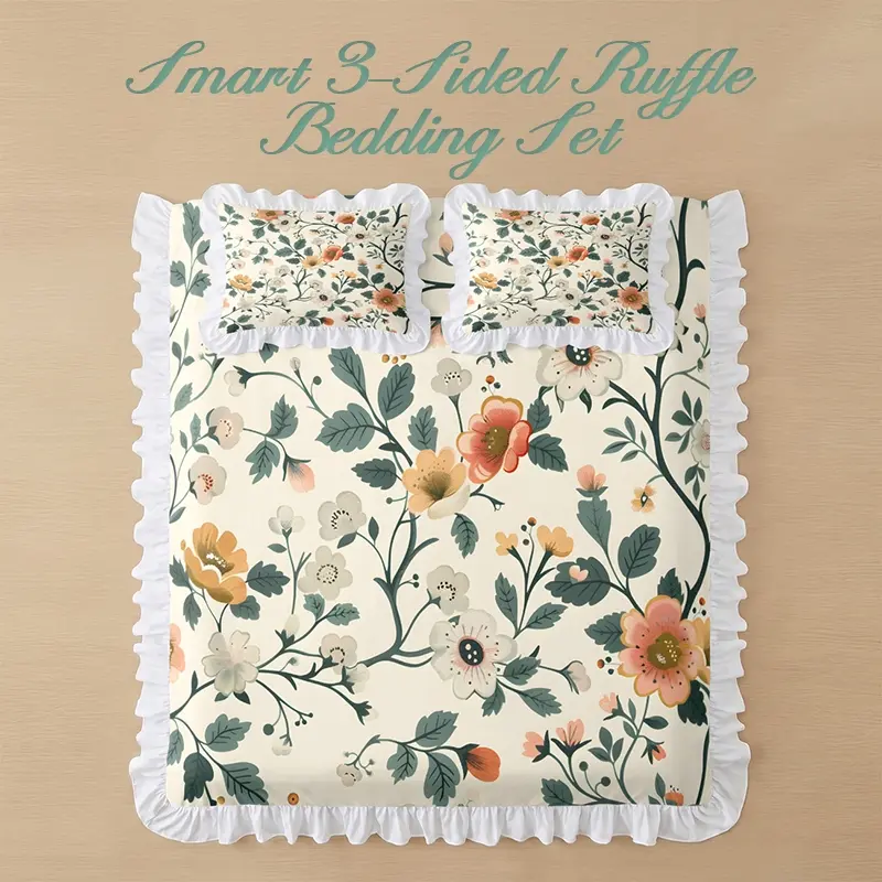 Fresh Botanical Floral Ruffled Duvet Cover Set, Soft Lightweight Decorative Bed Cover with Matching Ruffled Pillowcases, Frill Edge Floral Bedding Set, No Insert for Daily Sleep, Guest Bed and Farmhouse Style Home Accent, Comfy Bed Sets