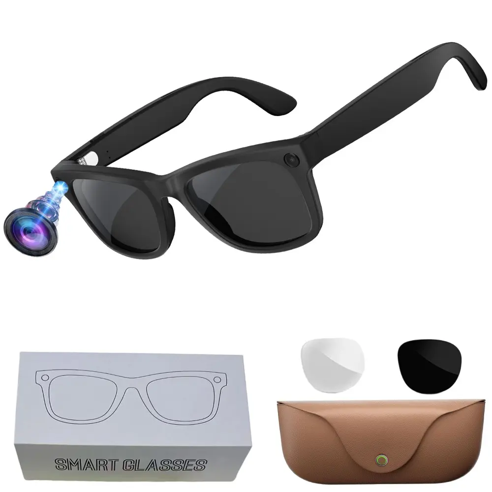 Bluetooth AI Smart Glasses with  Video,8MP Camera,One Click Recording, 3280*2464Pixel Photo Capture, Bluetooth Calling, Music Playback,Leather Charging Case, 2GB Memory,300Mah Battery, IP65 Waterproof, AI Translation (26 Languages), 2 Lenses Total