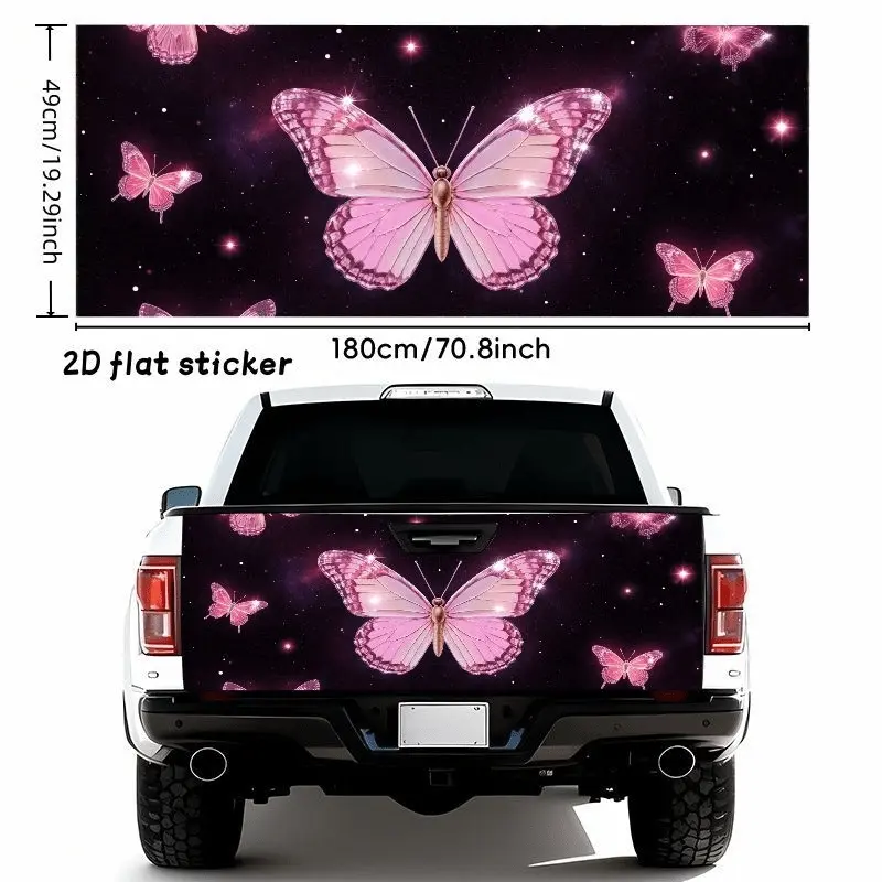 1pc 70.87 X 19.29inch 2D Flat Sticker Pink And White Cosmic Butterfly Car Sticker - Waterproof Self-Adhesive Tailgate, Window, Bumper Decal with Sparkling Highlights And Starry Background - Dreamy Whimsical Design for Auto Exterior Decoration