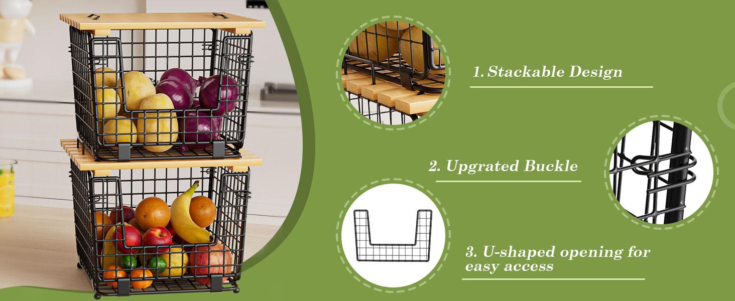 Wire Storage Basket for Kitchen Pantry: GGIU Stackable Kitchen Counter Organizers - Wire Organizing Bin for Produce Vegetable Potato and Onion Black