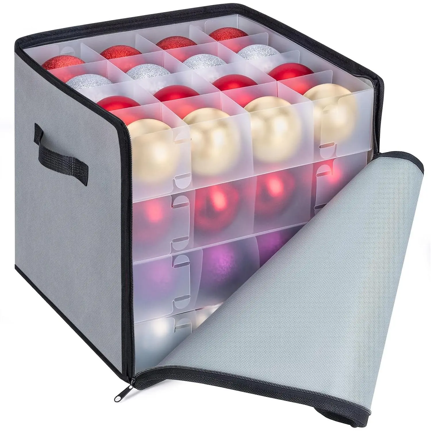 Christmas Ornament Storage Box with Dividers Premium Holiday Storage Container for Xmas Decorations Holds 64 Ornament Balls Grey Soft