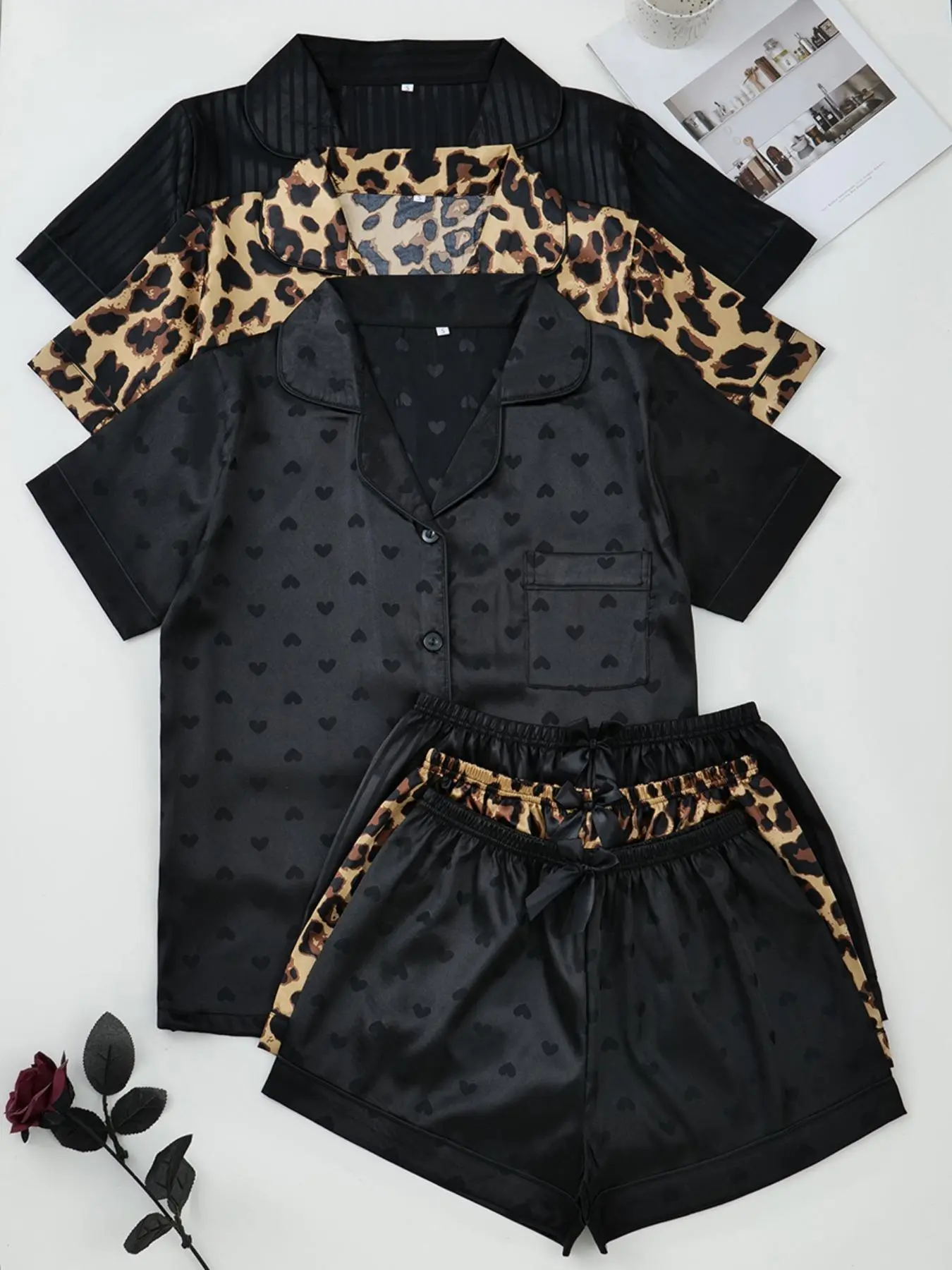 Fashion Six-Piece Women's Satin Pajama Set, Comfortable Summer Sleepwear, Button Top and Bow Front Shorts, Casual Fitted Style