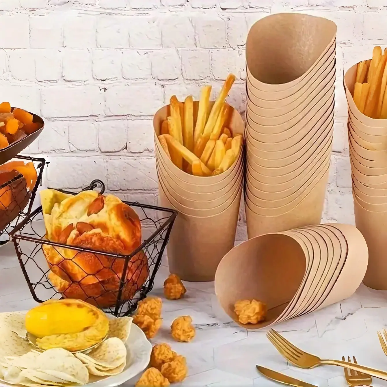 50Pcs Kraft Paper Snack Cups, slant mouth multi-purpose design. Fit for cake, ice cream and fries, great for home baking, wedding, party and outdoor gatherings.