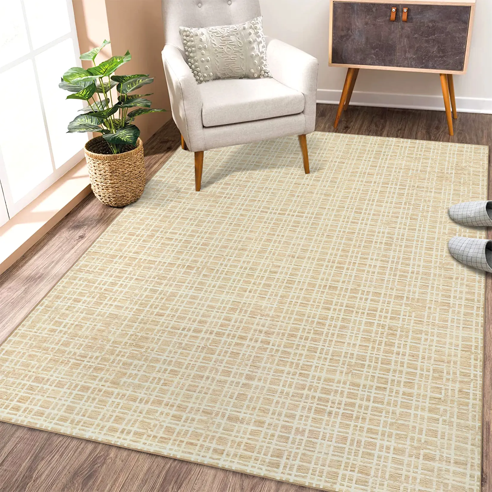 Washable Area Rugs, Modern Plaid Printed Indoor Floor Carpet with Non-Slip Backing, Contemporary Accent Carpet, Stain-Resistant Soft Low Pile Rugs for Living Room, Laundry, Office