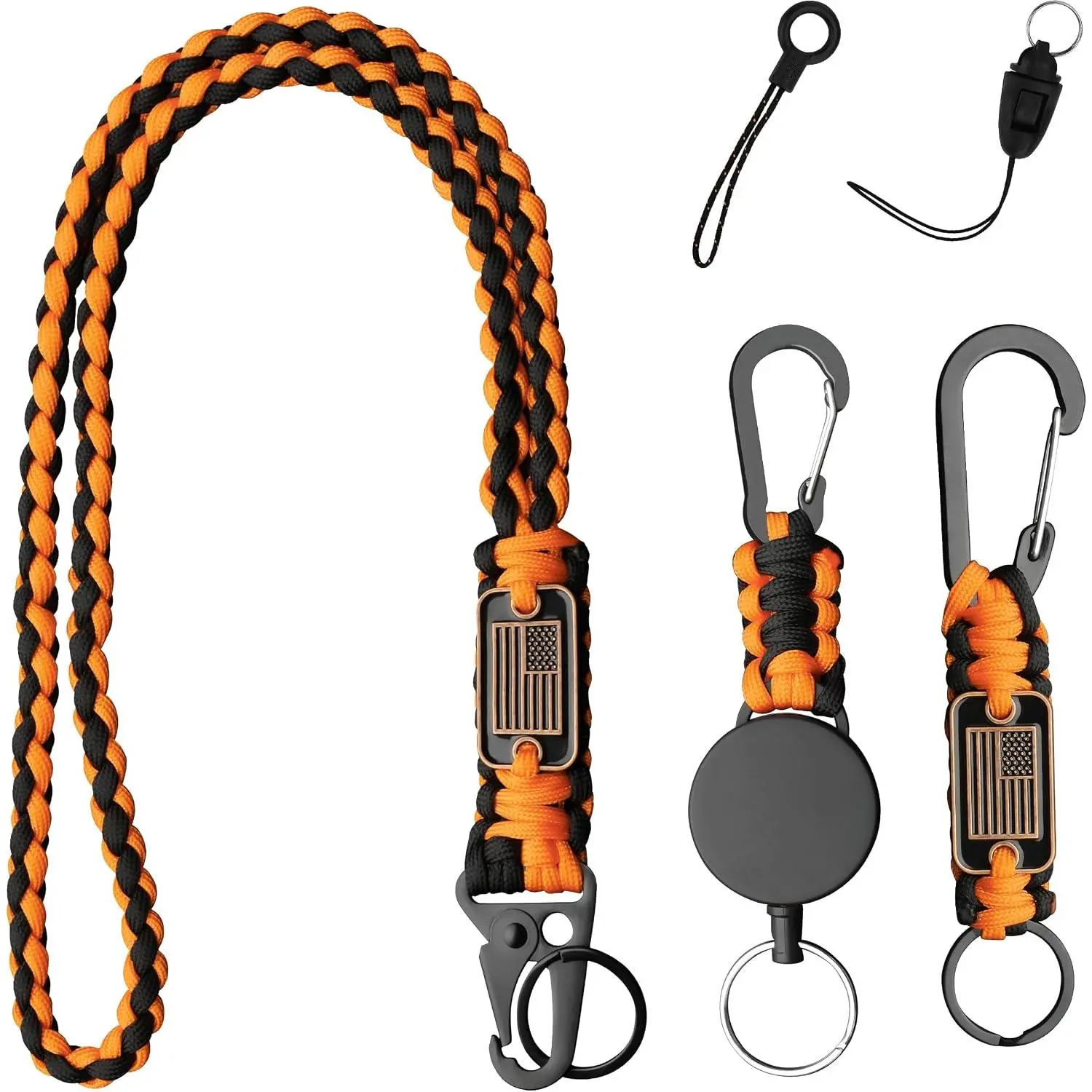 3 count Paracord Lanyard Set with Retractable  – Long & Short Heavy Duty Lanyards with Badge Reel,  Flag & Metal Clip for ID, ,, Men, Work, EDC, Outdoor (Orange-Black)