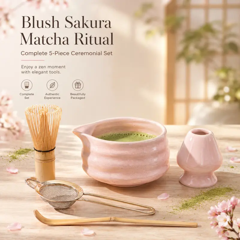 Sakura Pink 5-Piece Matcha Tea Set, featuring ceramic matcha bowl, bamboo whisk, powder sieve and tea spoon. Exquisite tableware brings you a serene and peaceful leisure time. Matcha Making Kit