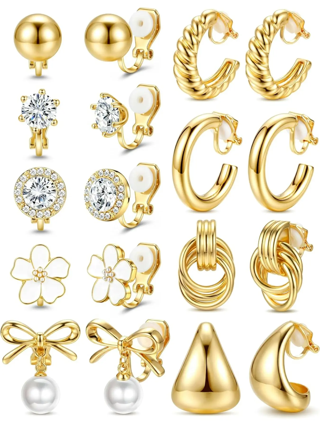 Clip On Earrings for Women 14K Gold Plated Clip Earrings Non Pierced Ears Clips CZ Pearl Knot Twist Chunky Hoop and Studs Earring Set Hypoallergenic Fake Earings Jewelry