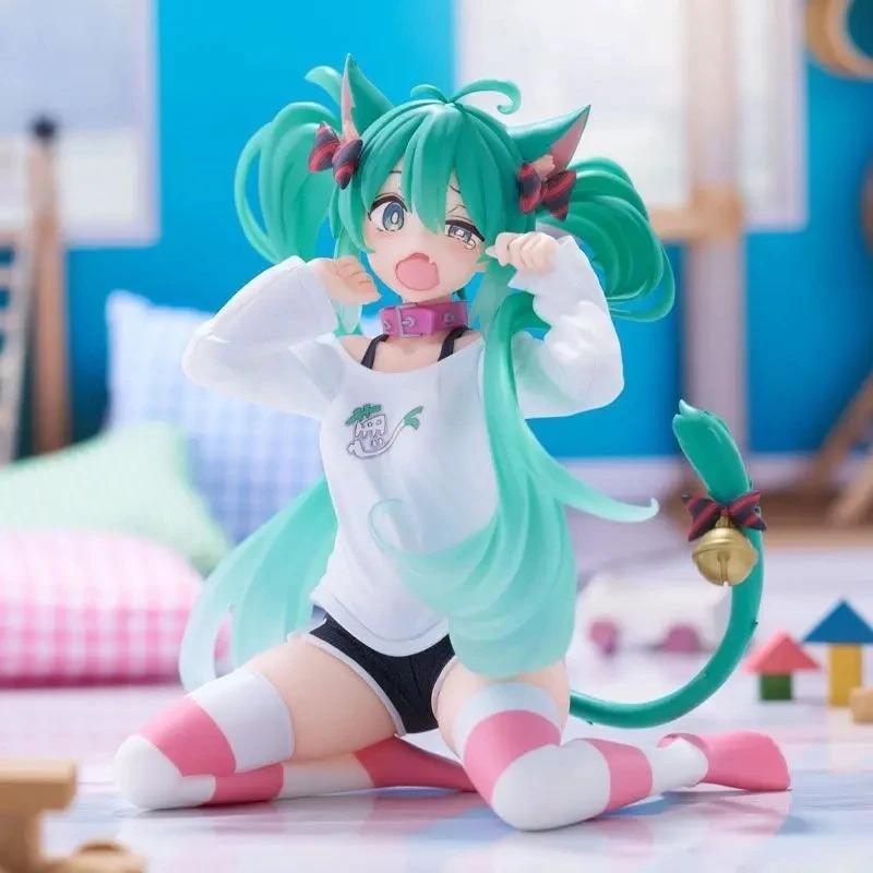 Hatsune Miku Model Anime Girl Figures Cat Ear Sitting Posture Short Sleeved Pajamas Figurines Car Decoration Doll Kids Toys Gift