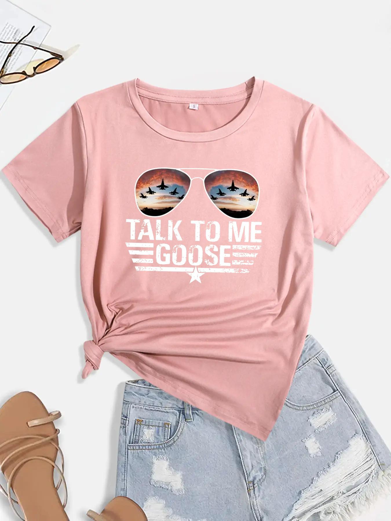 Women's Glasses & Letter Print Round Neck Tee, Short Sleeve Graphic T-shirt For Summer, Women's Top For Daily Wear