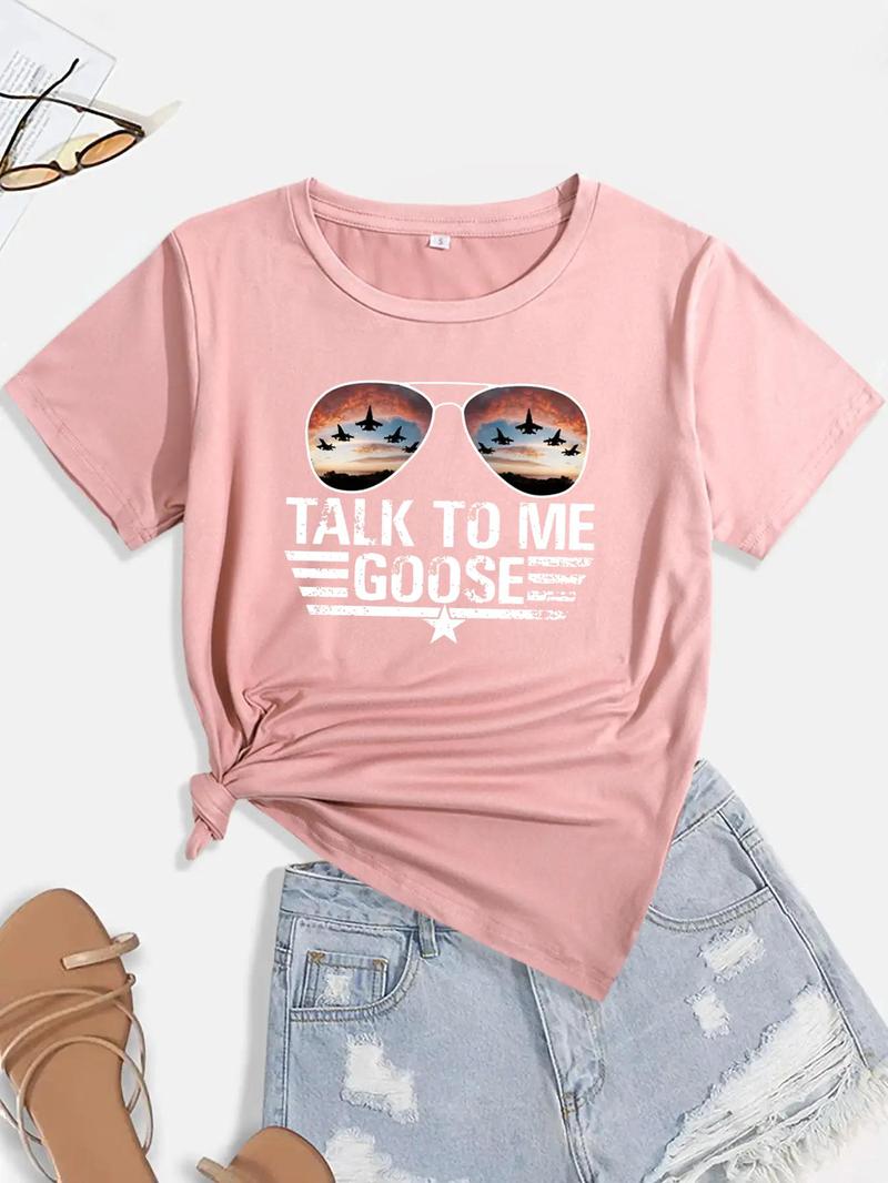 Women's Glasses & Letter Print Round Neck Tee, Short Sleeve Graphic T-shirt For Summer, Women's Top For Daily Wear