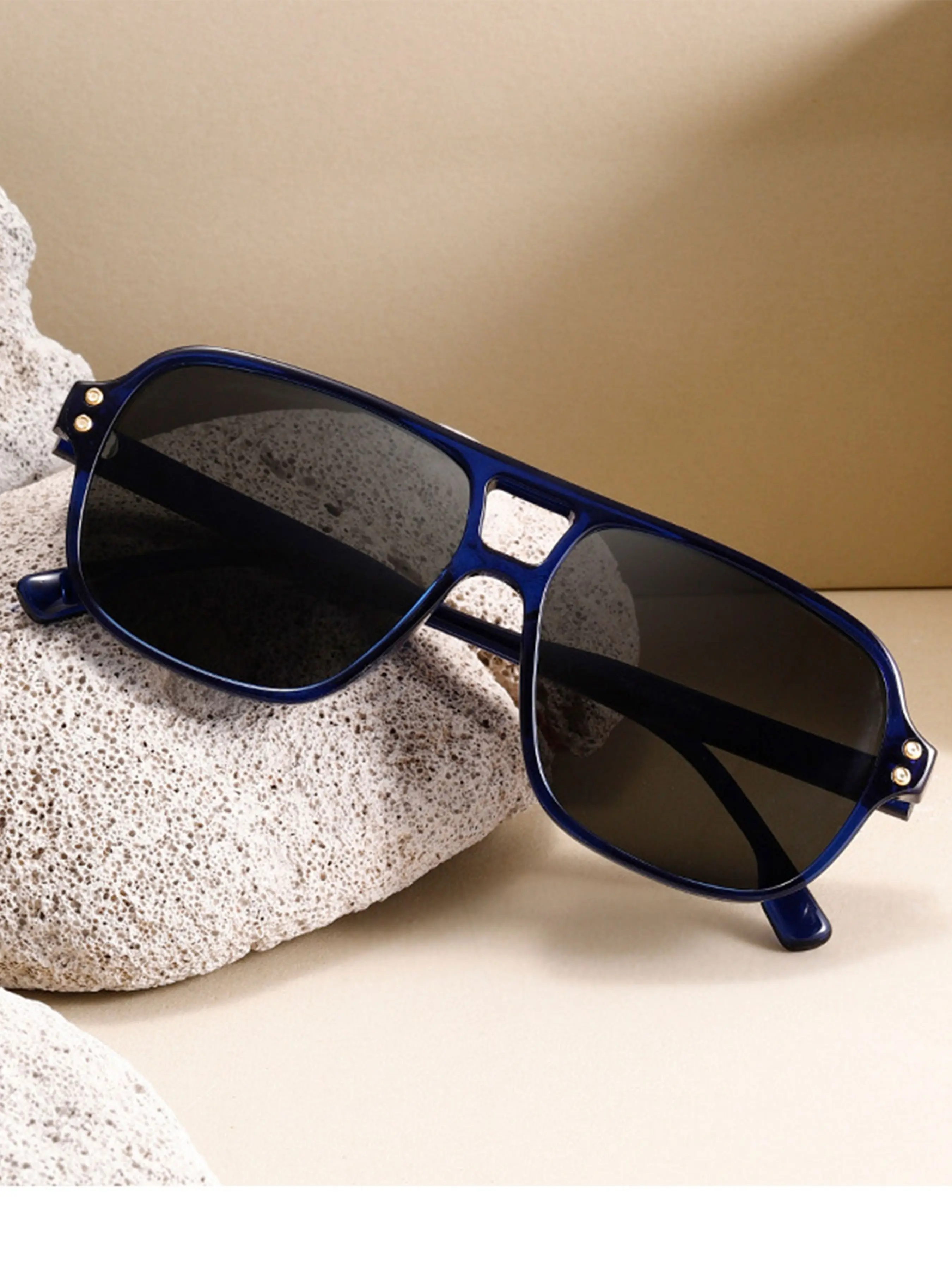 Vintage Double Bridge Large Frame Sunglasses, Unisex UV Protection Driving Glasses, Casual Style, All Seasons, Plain Pattern, Abs Material, Signature Shades