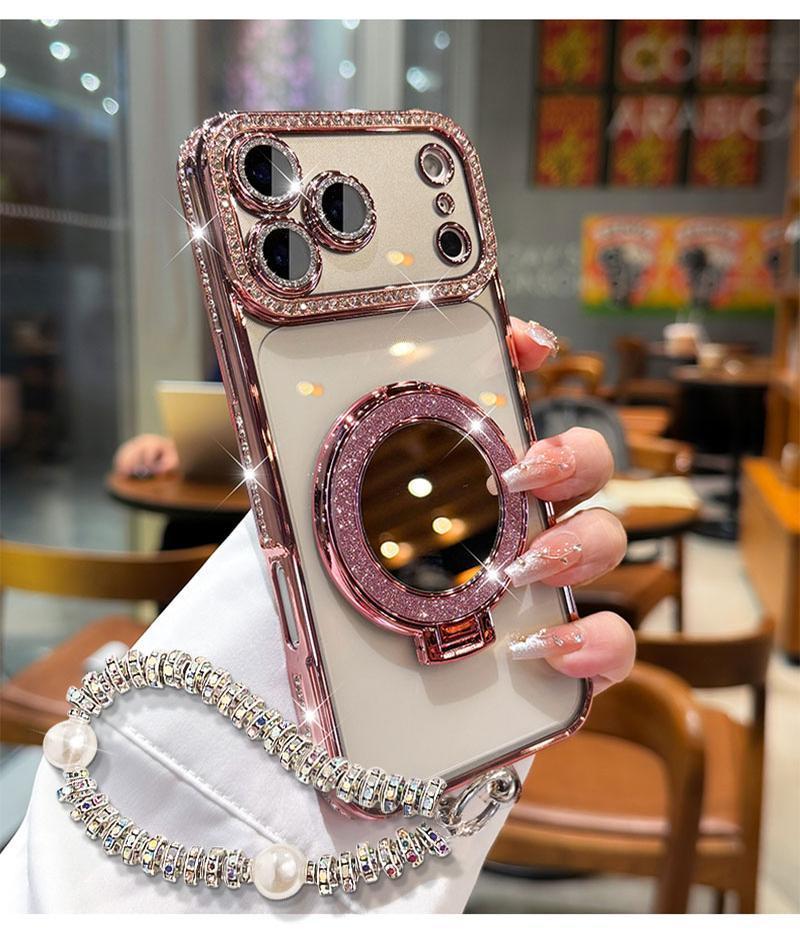 Women's Phone Case with Mirror & Stand for iPhone 12/13/14/15/16/17 Pro Max,17Air,14/15/16 Plus. Features a shiny frame, high-definition transparent material, and full-body drop-resistant design.