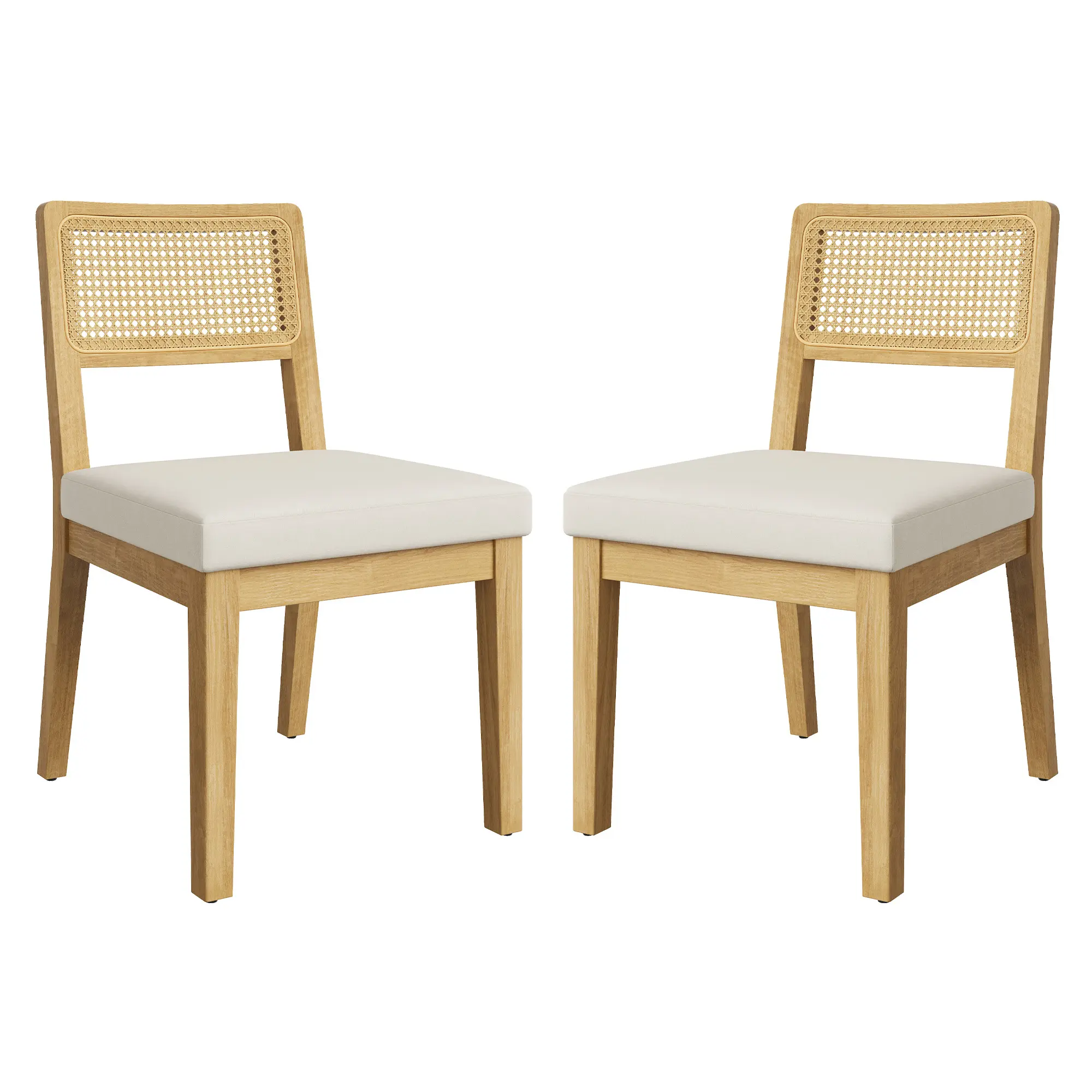 Set of 2 Armless Rattan Dining Chairs, Linen Seat, Black – Sturdy Wood Frame, Breathable Rattan Backrest for Kitchen & Dining Room