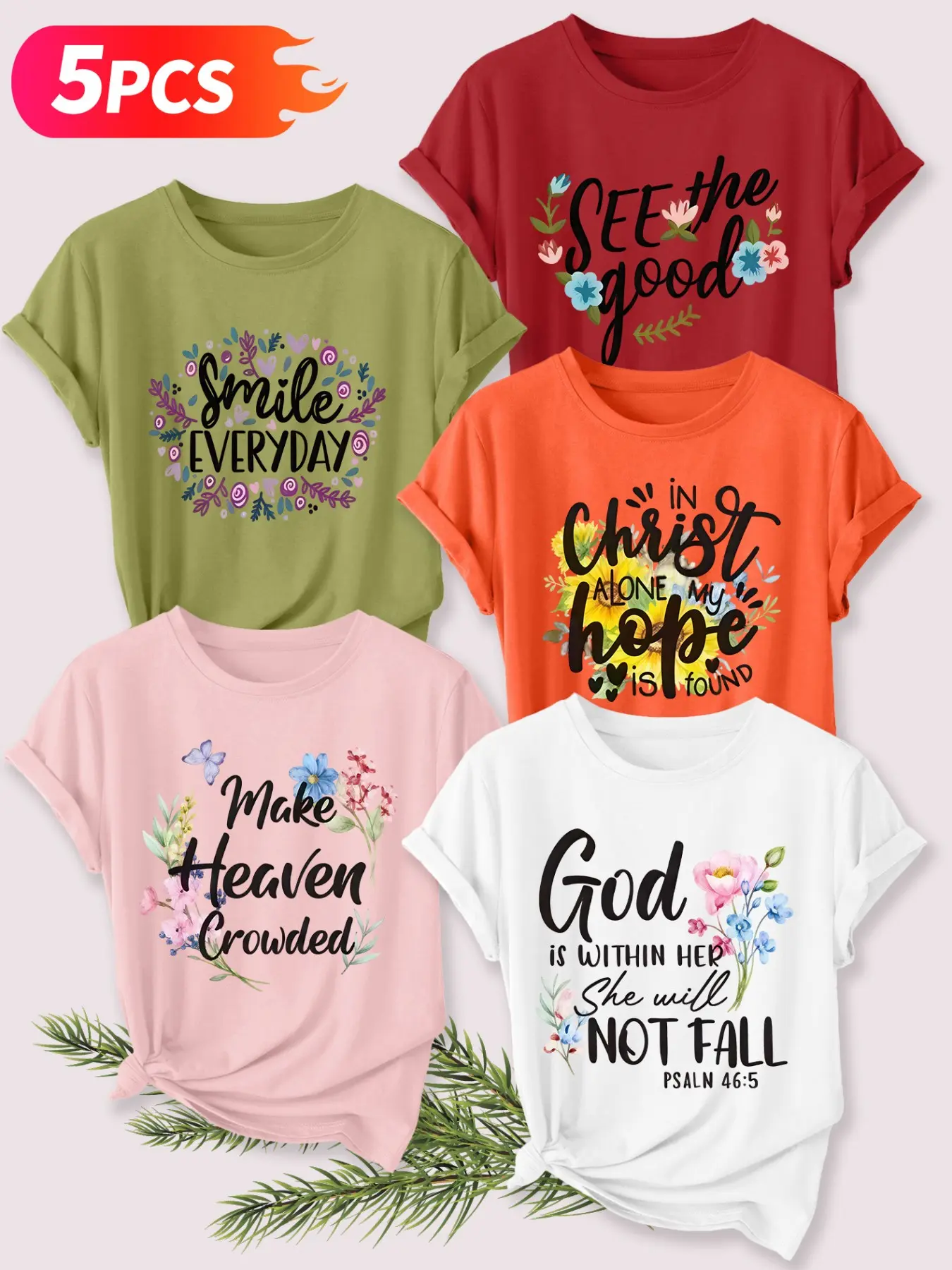 5Pcs Women Crew Neck T-Shirt, Floral Faith-style Warm English Slogan Prints, Multi-color Washable Spring Summer Top, Soft Skin-friendly Fabric Daily Versatile Fashion Design