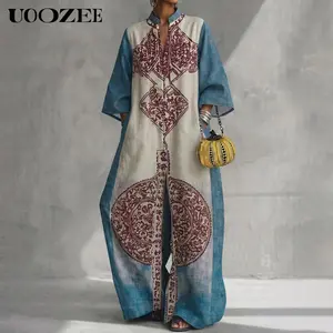 UOOZEE Women's Vintage Ethnic Print Patchwork Jumpsuit, Vacation Casual Oversized Polyester Loose Fit Back Zip Maxi Romper with Pockets, Size Down for Slim Look, Resort Wear Casual Long Pants Jumpsuit