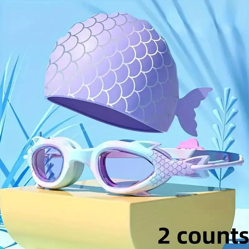Mermaid Themed Swimming Goggles & Silicone Cap Set, 2 Counts/set Adjustable Strap & Leakproof & Anti-Fog Swimming Gear, Professional Water Sports Gear