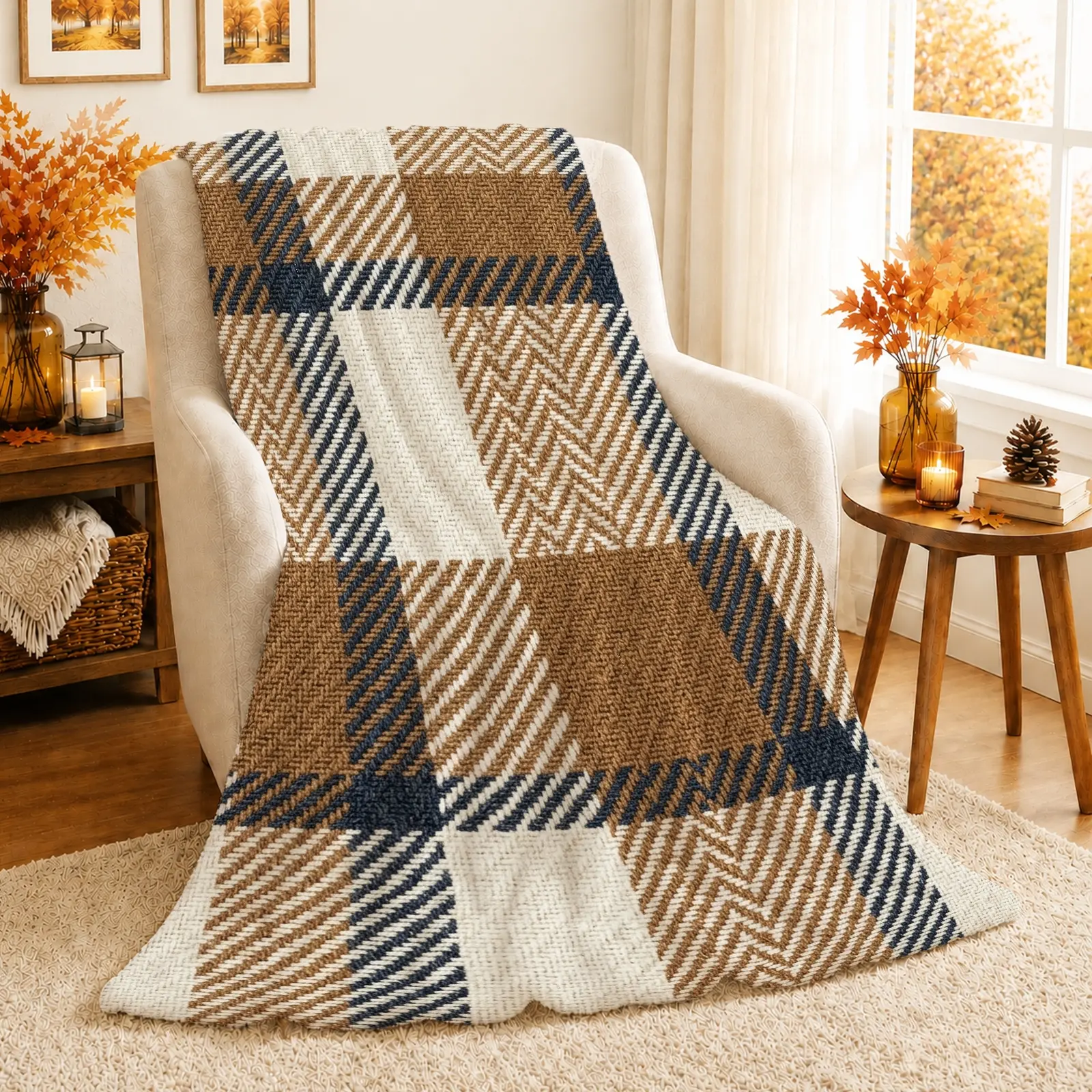1pc Houndstooth Plaid Blanket, Cozy Rustic Farmhouse Style, Classic Checkered Design with Earthy Tones, for Sofa Living Room Bedroom and Fall Home Decor