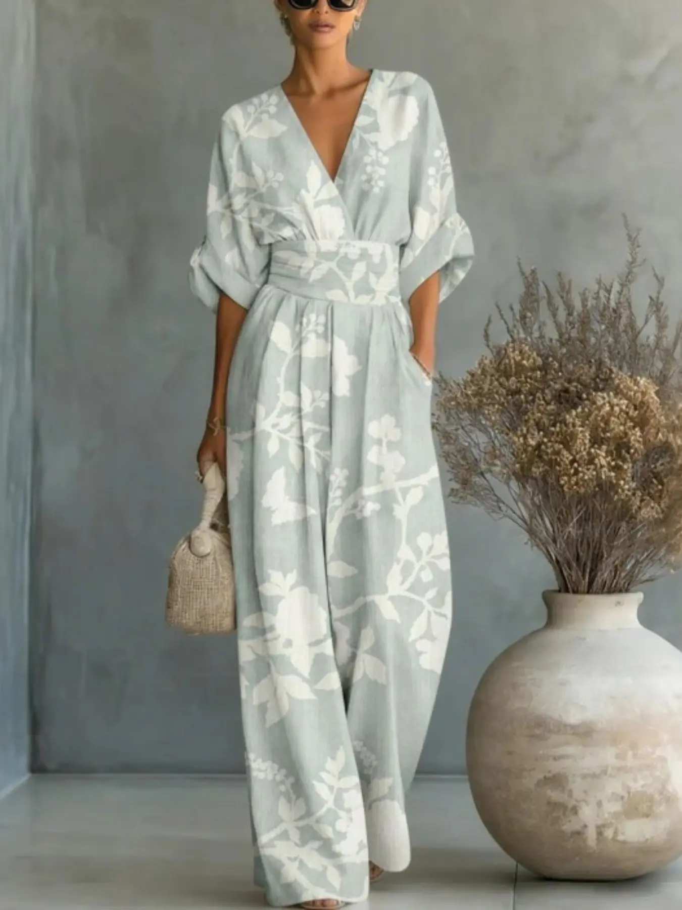 Elegant Waist-Cinching V-Neck Jumpsuit for Women, 2026 Spring Summer Fashion, Floral Printed Design, Casual, Stylish and Comfortable