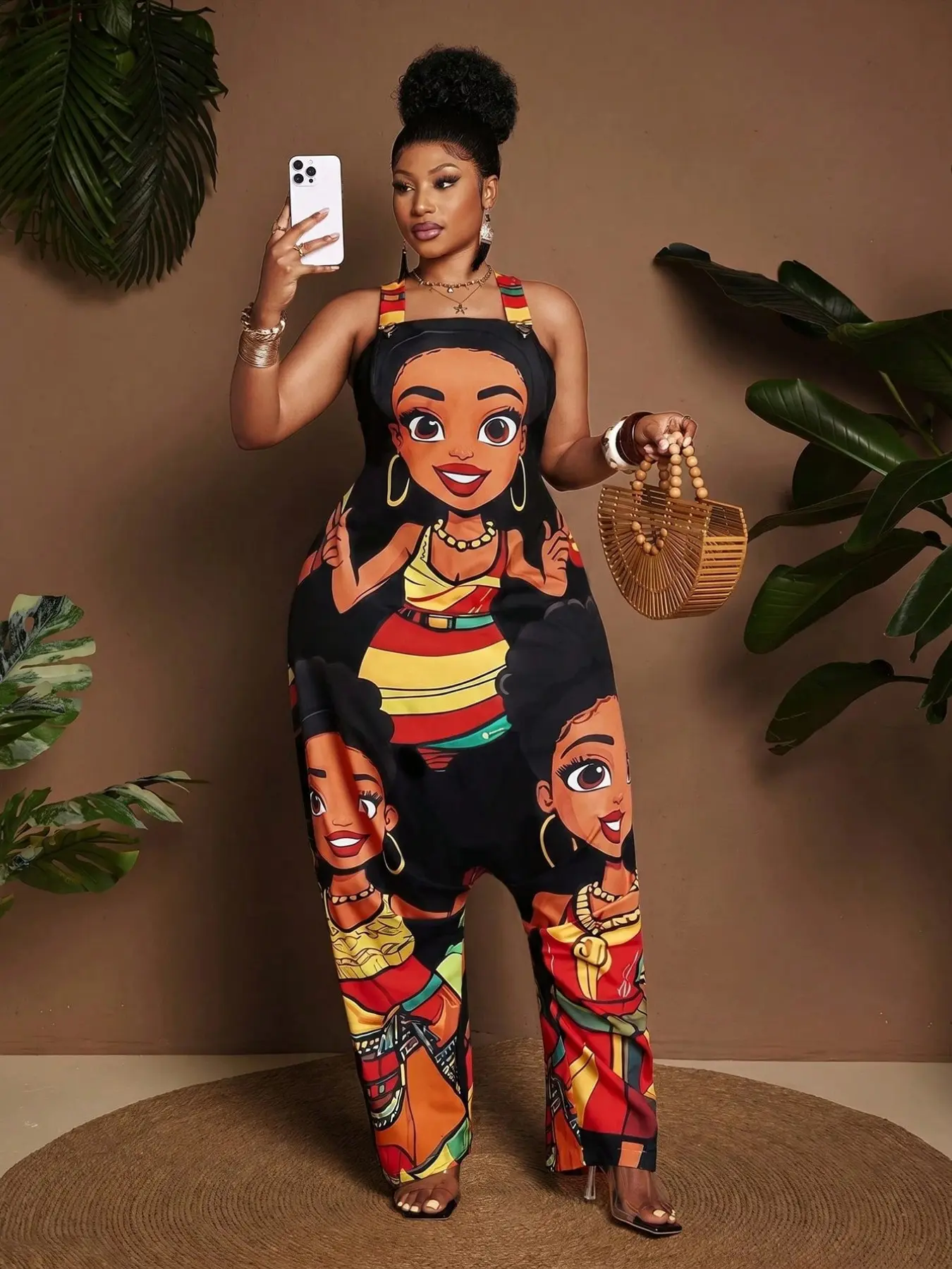 Plus Size Women's Colorblock Woven Printed Jumpsuit, Adjustable Strap, Ideal for Vacation, Beach, Daily Wear, Music Festival, Hip-Hop