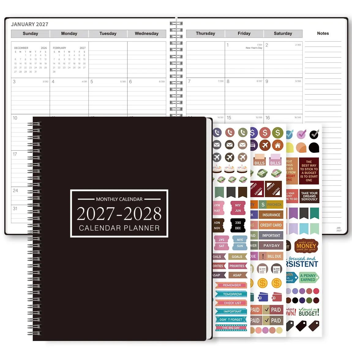 2027-2028 Monthly Calendar Planner Notebook, A4 Size Spiral Bound, Waterproof Cover, Round Corners, Office Learning Journal, Includes Stickers