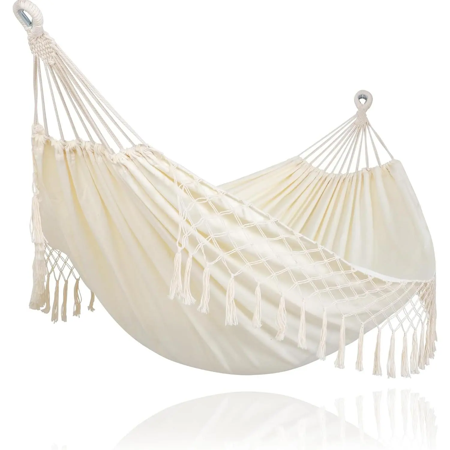 Portable Heavy Duty 2 Person Camping Hammock Bed with Tassels for Outdoor Tree, Beige