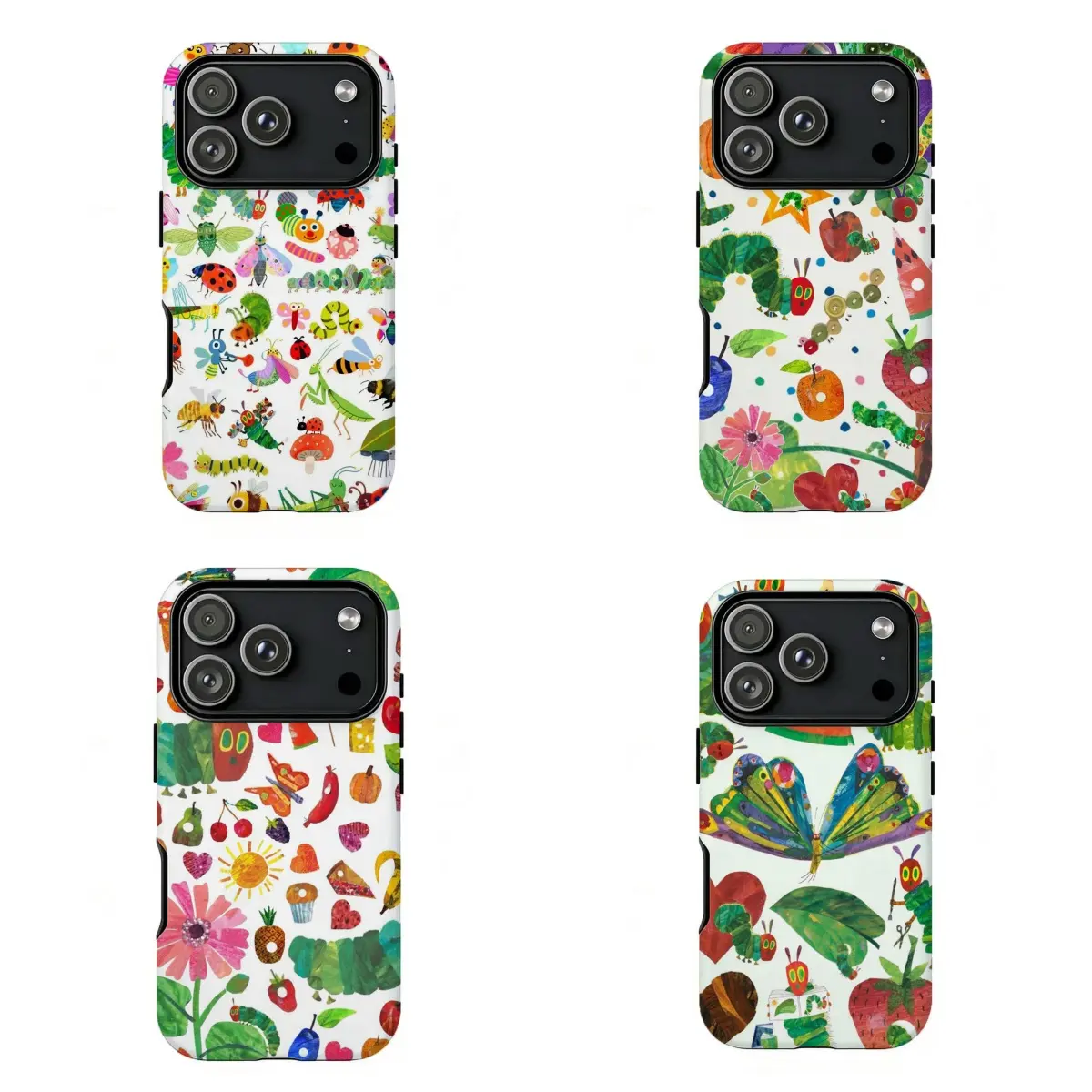FL-Hungry Caterpillar Bug & Insect Collage Custom Phone Case - Multicolor Insect & Fruit Pattern on White Base, Protective Casing & Cover with Resistance, Handheld Accessory for iPhone 11-17 Air Pro Max, Samsung S21-S26 Devices, Gift for Her