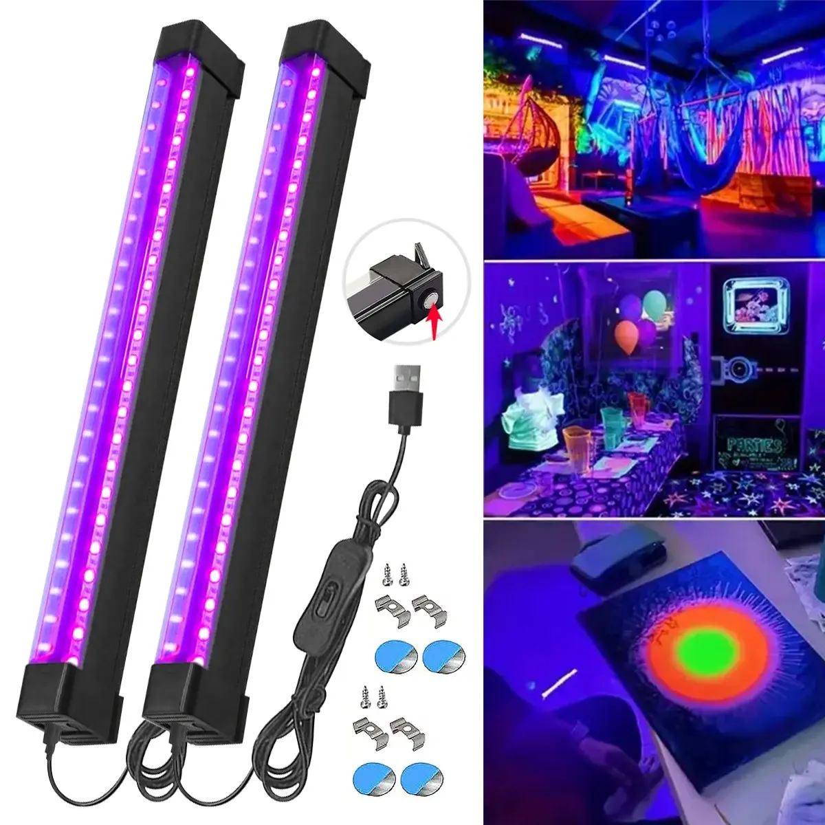 VASTFIRE 2pcs USB UV LED Blacklight 395-405nm Black Light Bar Light Effect Party Light Stage Lights, with Switch for Halloween/ Christmas/Valentine's Day Club Party Disco