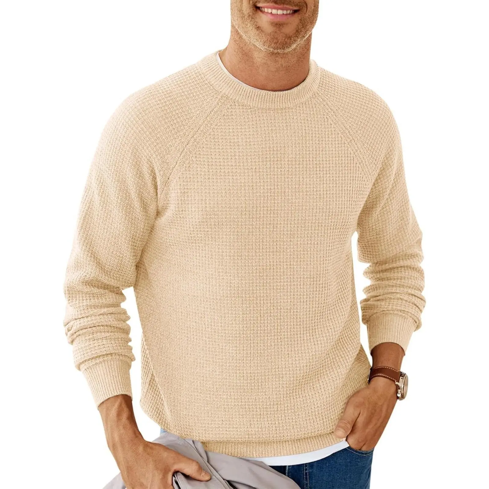 Aoysky Mens Crew Neck Pullover Sweater Waffle Long Sleeve 2025 Fall Winter Thermal Textured Knitted Sweaters